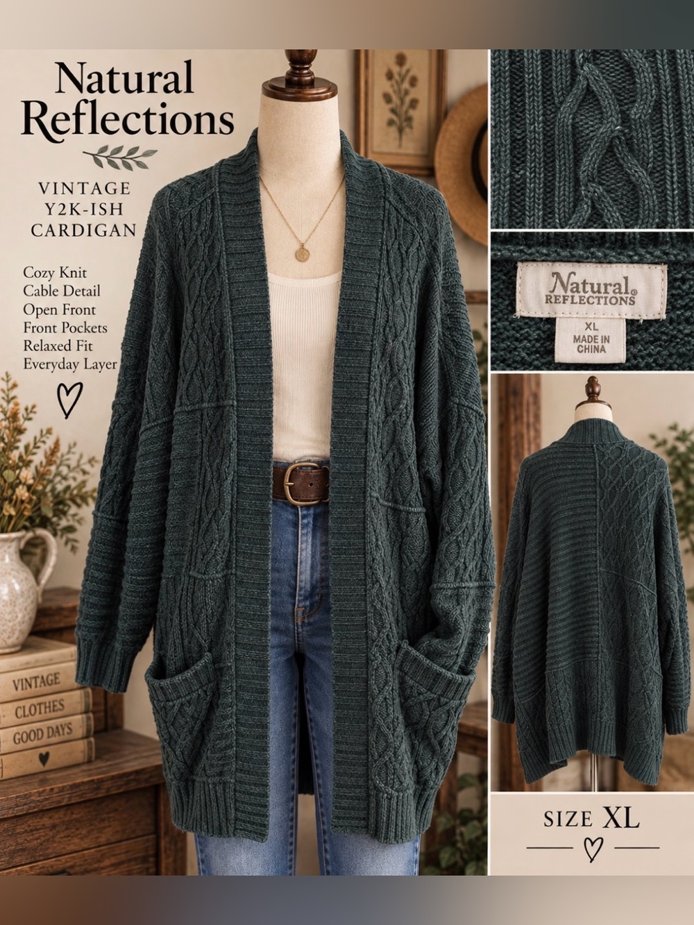Natural Reflections - y2K retro - Deep Green Cable-Knit Open Cardigan
